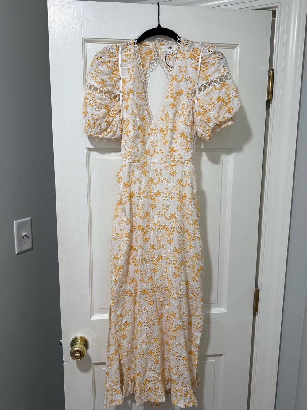 White and Yellow Eyelet Midi Dress with Puff Sleeves